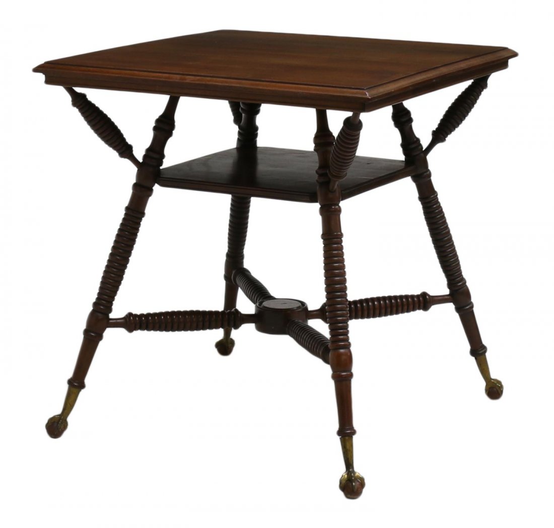 AMERICAN WALNUT CLAW FOOT PARLOR TABLE: American walnut parlor table, late 19th c., a square top raised on spool legs joined by a lower shelf and stretchers, raised on metal claw feet clutching wood balls, 29"h, 27.25"w, 27.25"d Start Price