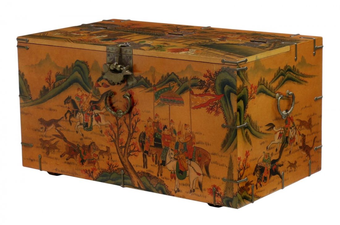 CHINESE FIGURAL LANDSCAPE DECORATED STORAGE TRUNK: Chinese metal mounted storage chest, fancy metal hardware with fish form lock and side carrying handles, the whole decorated with landscape scenes of figures involved in various pursuits, approx 19.25