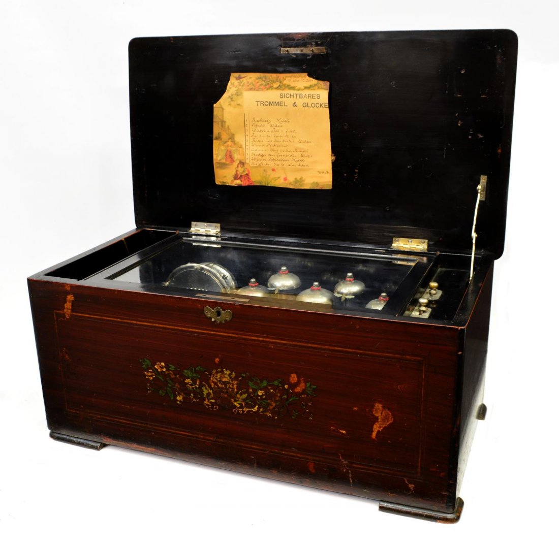 SWISS CYLINDER MUSIC BOX, DRUM & FIVE BELLS: Table top ten song cylinder music box, c. 1900, with five bells and drum, operates but needs calibration, loss to marquetry at box top, no visible maker name, comb has all teeth, 10.75"h, 24.5"w, 12.7