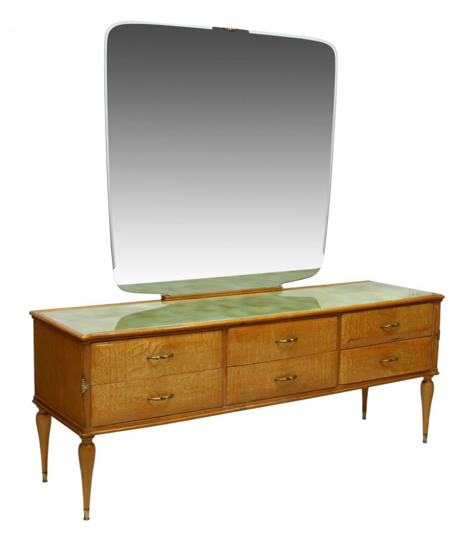 ITALIAN MID-CENTURY MODERN MIRRORED COMMODE: Italian mid-century modern birch finish mirror back commode, c. 1960, the rectangular top with inset glass over three banks of two drawers, all rising on turned legs, 76"h, 72"w, 20.5"d Start Price: $