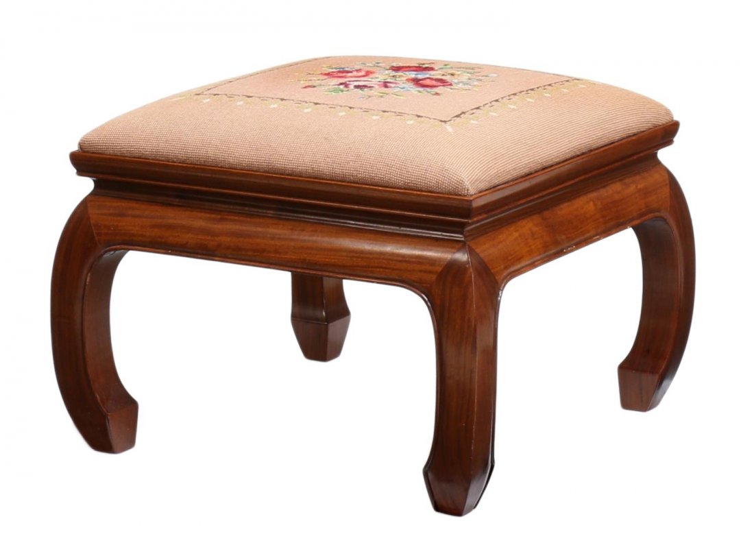 FINE ASIAN FLORAL NEEDLEPOINT TEAKWOOD STOOL: Asian teakwood stool, needlepoint top centering a spray of flowers, on curved wood base, approx 14"h, 20"sq Start Price: $60.00