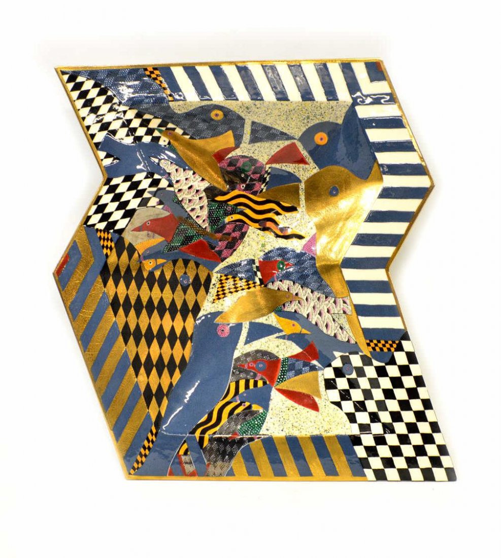 RALPH BACERRA, PARCEL GILT CERAMIC FOOTED DISH: American polychrome and gilt ceramic footed center dish, signed Bacerra 83 (Ralph Bacerra, American, 1983-2008), geometric form with bird theme, retaining Garth Clark Gallery paper sticker, approx 3.2