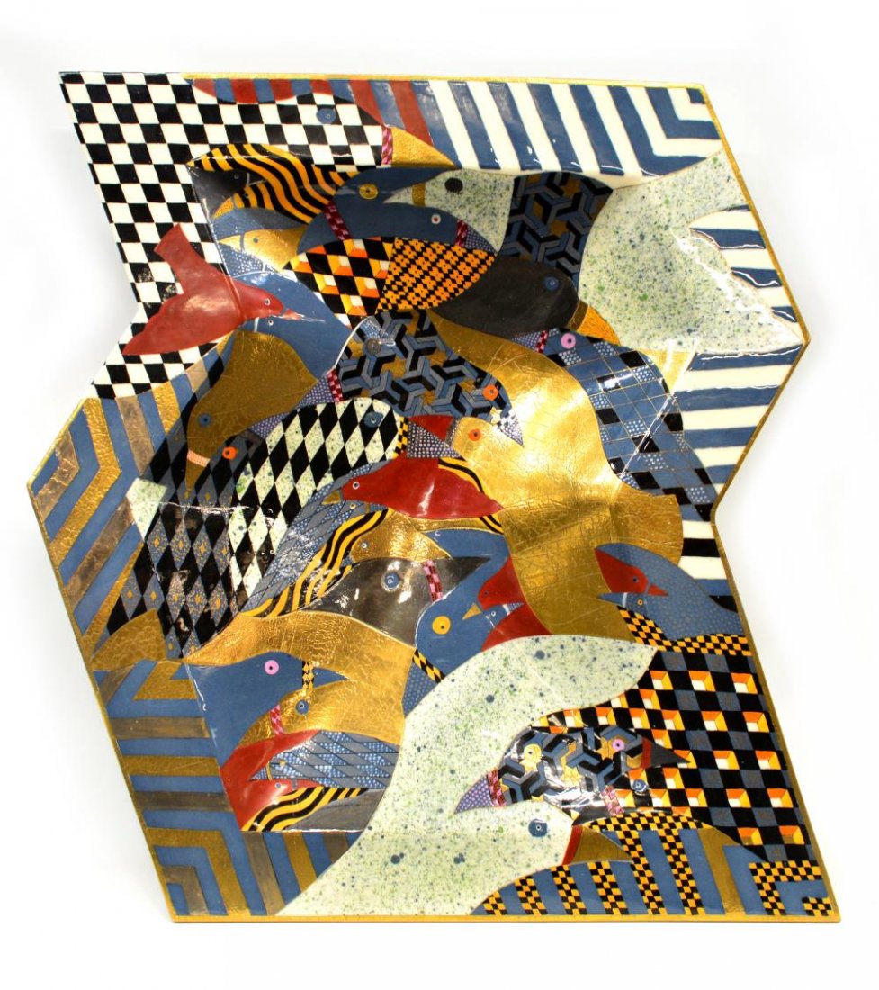 RALPH BACERRA, PARCELGILT CERAMIC FOOTED PLATE: American polychrome and gilt ceramic footed center dish, signed Bacerra 83 (Ralph Bacerra, (American, 1938-2008), angular geometric form with bird motif, retaining Garth Clark Gallery paper sticker, a