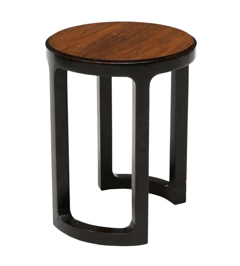 DUNBAR OCCASIONAL TABLE, "D" METAL TAG: Dunbar occasional table, design by Edward Wormley (American, 1907-1995), a circular natural wood top raised on open ebonized supports, Dunbar "D"metal tag and shipping label at underside, 19"h, 15"dia