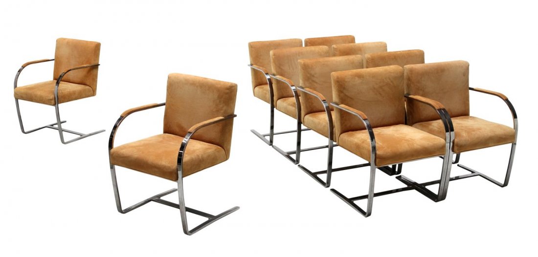 (10) MODERN CY MANN DESIGNS ARM CHAIRS, NEW YORK: (lot of 10) Designer' Collection 'Cy Mann Designs' chromed steel armchairs, New York, each in rust color suede upholstery on a cantilevered frame with cross bar, slight wear / spotting, approx 33"h, 2