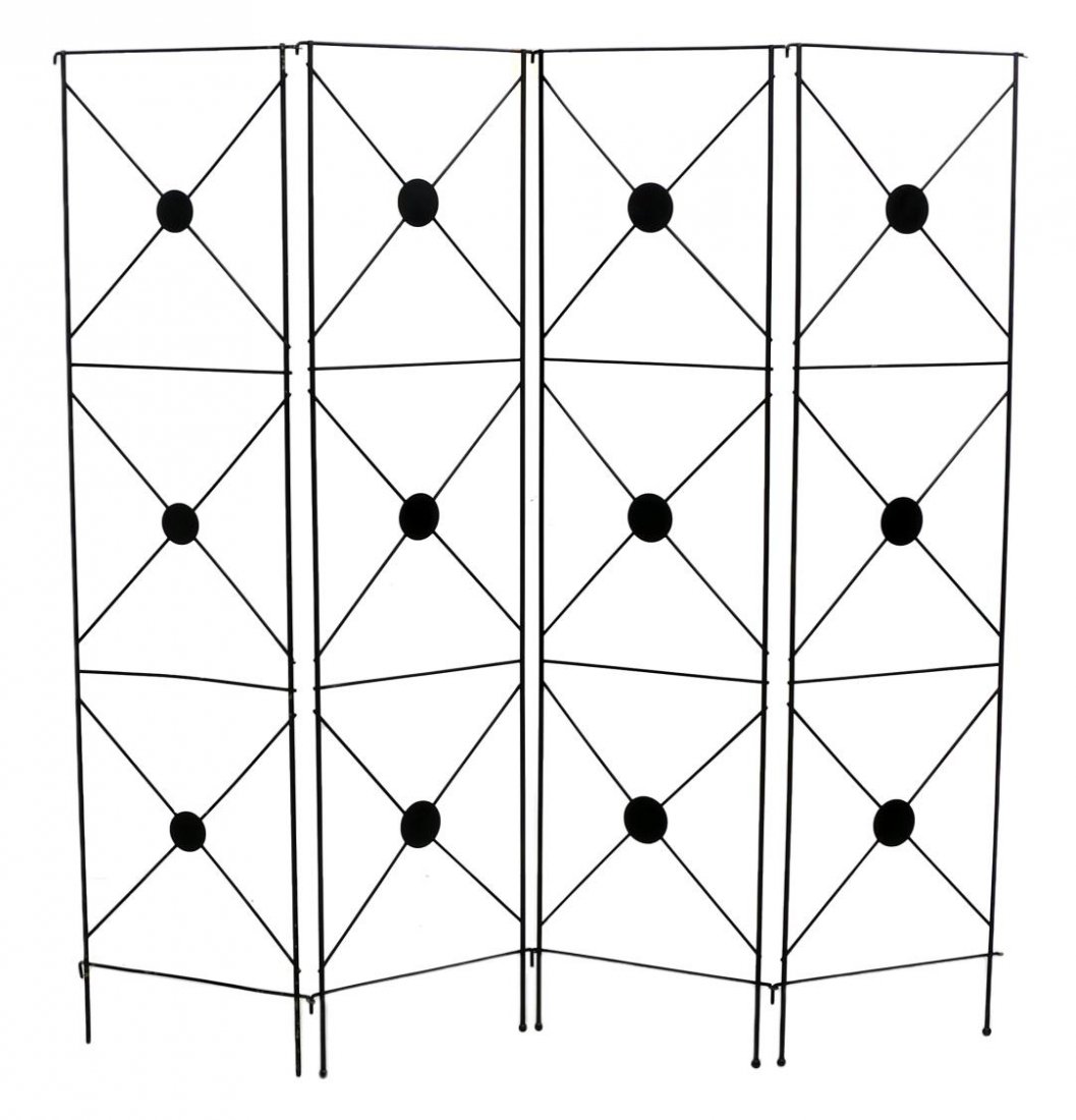 MID-CENTURY MODERN BLACK STEEL FOLDING SCREEN: Mid-century modern geometric four-panel black steel folding room divider, rising on steel ball feet, full extension: 72.25"h, 80"w, .75"d Start Price: $150.00