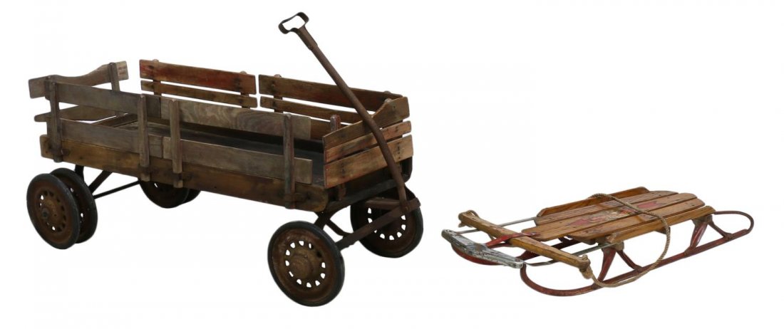(2) VINTAGE FLEXIBLE FLYER SLED & WOOD WAGON: (lot of 2) Vintage American children's outdoor equipment, including: (1) vintage Flexible Flyer steel runner sled, manufactured in the USA, underside marked "Model 41, Winter Product from Flexible Fly