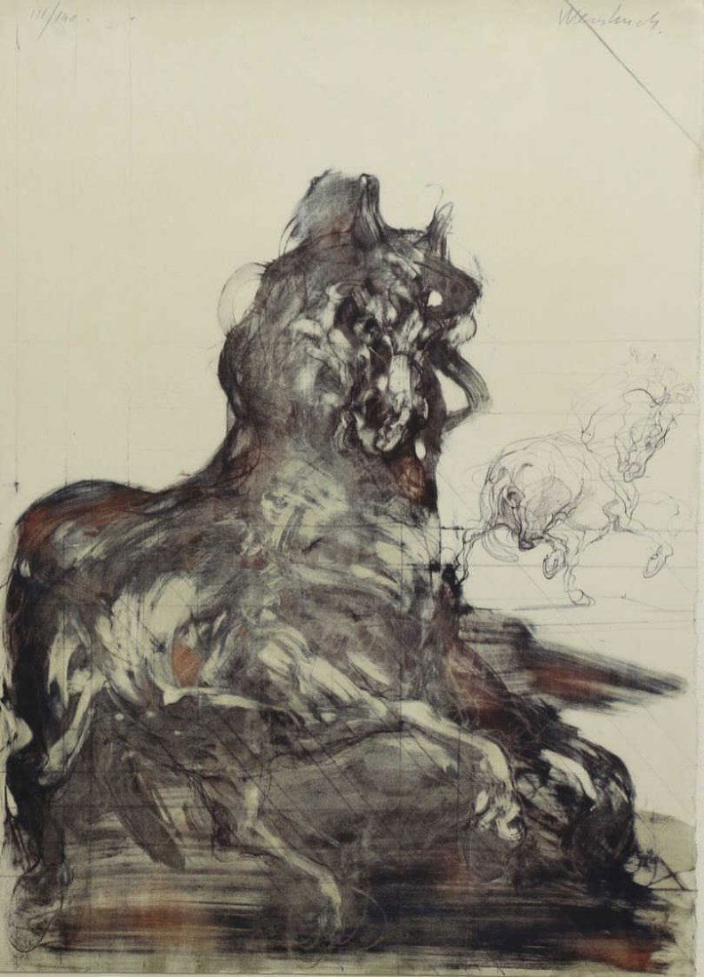 CLAUDE WEISBUCH, HORSE STUDY, LITHOGRAPH: Framed lithograph, Study of Horses, signed upper right Weisbuch (Claude Weisbuch, French, 1927-2014), numbered 111 / 140 upper left, sight: approx 30"h, 22"w, overall: approx 38.75"h, 30.5"w, 15lbs to