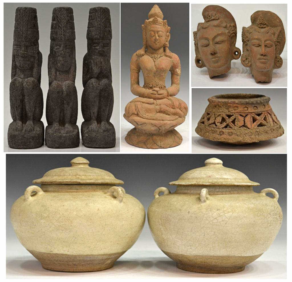 (9) ANTIQUE POTTERY VESSELS & FRAGMENTS, FIGURES: (lot of 9) Asian ceramic figures and vessels, including (2) earthenware head fragments, (2) white stoneware lidded vessels, other figures, and a pierced pottery jar, largest: approx 10"h, 5"d, 12.25lb