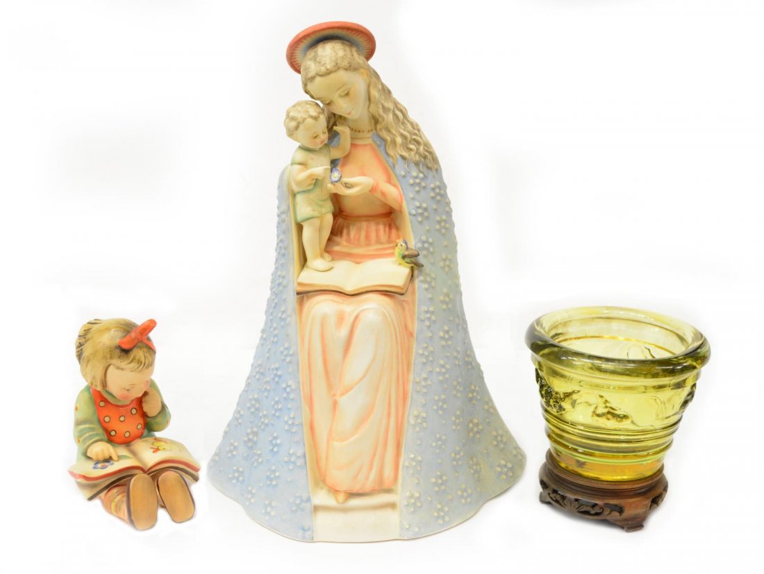 (3) HUMMEL PORCELAIN FIGURES & SMALL GLASS POT: (lot of 3) Group of German Hummel porcelain figures and glass pot, comprising: (1) 'Flower Madonna', marked on base and signed on back, intact with minor fracture, 12"h; (1) young girl reading a book,