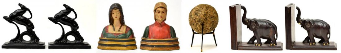 (7) COLLECTION OF BOOKENDS & STONE, ART DECO, ETC.: (lot of 7) Collection of bookends and table articles, comprising: (pair) Dante and Beatrice polychrome composite bookends, figural bust rising on a stepped pedestal, minor paint loss, approx 7.25"h; (