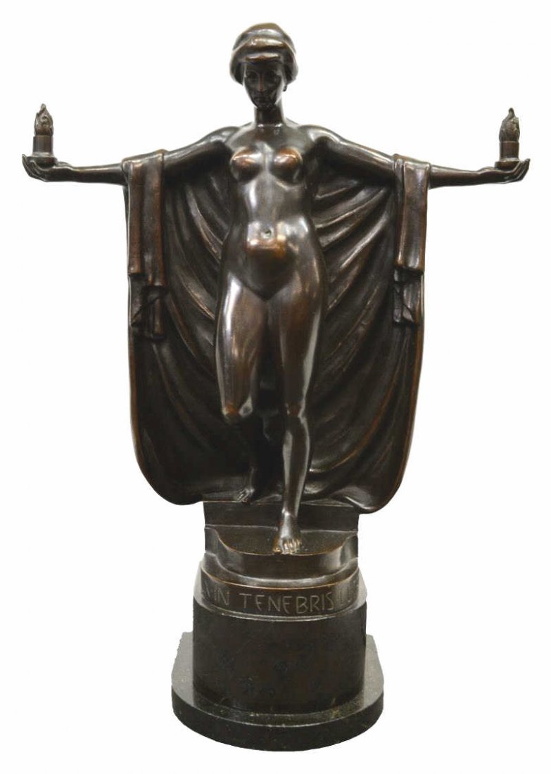 ANTON GRATH ART DECO BRONZE SEMI NUDE FEMALE: Art Deco patinated bronze sculpture, "Lux In Teneris Lucet", signed Anton Grath(Austrian, 1881-1956), foundry mark 'Lauchhammer Bildguss', loss and restoration to marble base at back corner, approx 21
