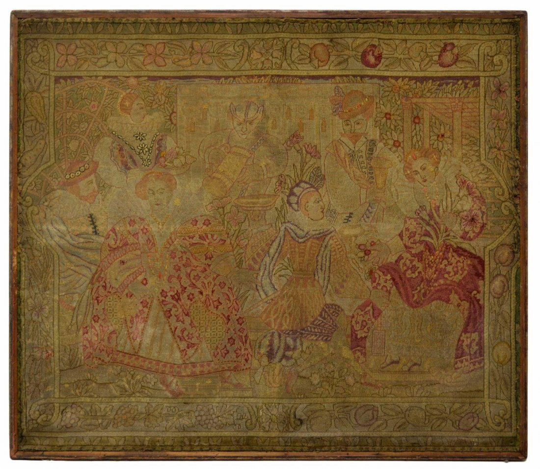 18TH C. CONTINENTAL NEEDLEWORK TAPESTRY ON FRAME: Framed Continental needlepoint tapestry, 18th c., depicting women in elaborate dresses and some men in trousers and alpine hats, enclosed by a foliate and fruit border, puncture at bottom, sight: 38.5