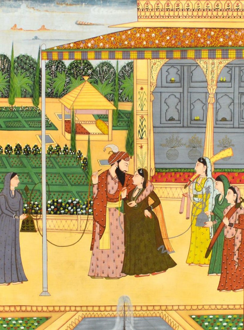 LARGE FRAMED MUGHAL STYLE PAINTING, INDIA: Framed Mughal style painting, India, a betrothed man and woman walking together in a garden smoking hookah with attendants nearby, parcel gilt floral border, some buckling of paper, minor paint loss, 