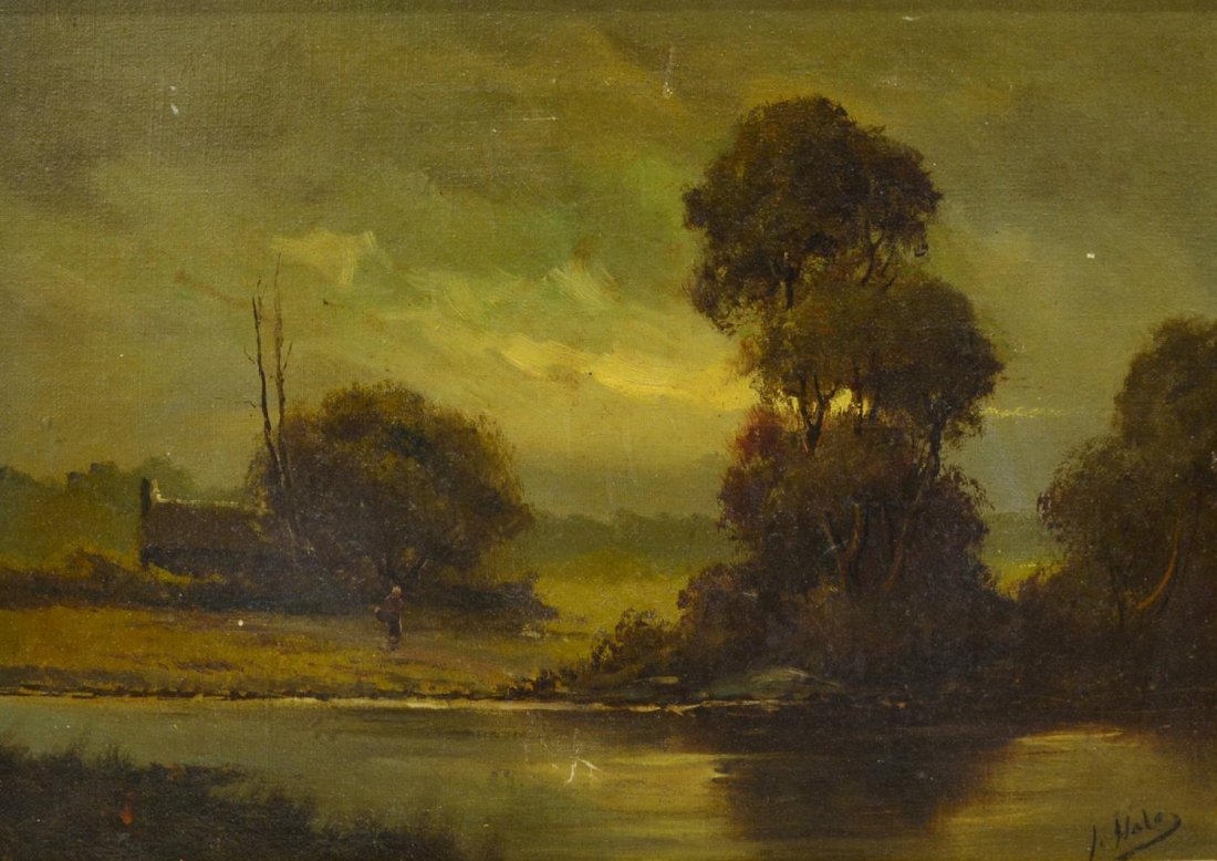 CONTINENTAL PAINTING, NIGHTIME BY THE RIVER: Framed Continental painting on canvas, Night Scene by River, illegible signature to lower right, possibly Hale, approx sight: 8.5"h, 11.5"w, overall: 15.25"h, 18.25"w, 2.5lbs Start Price: $100.00