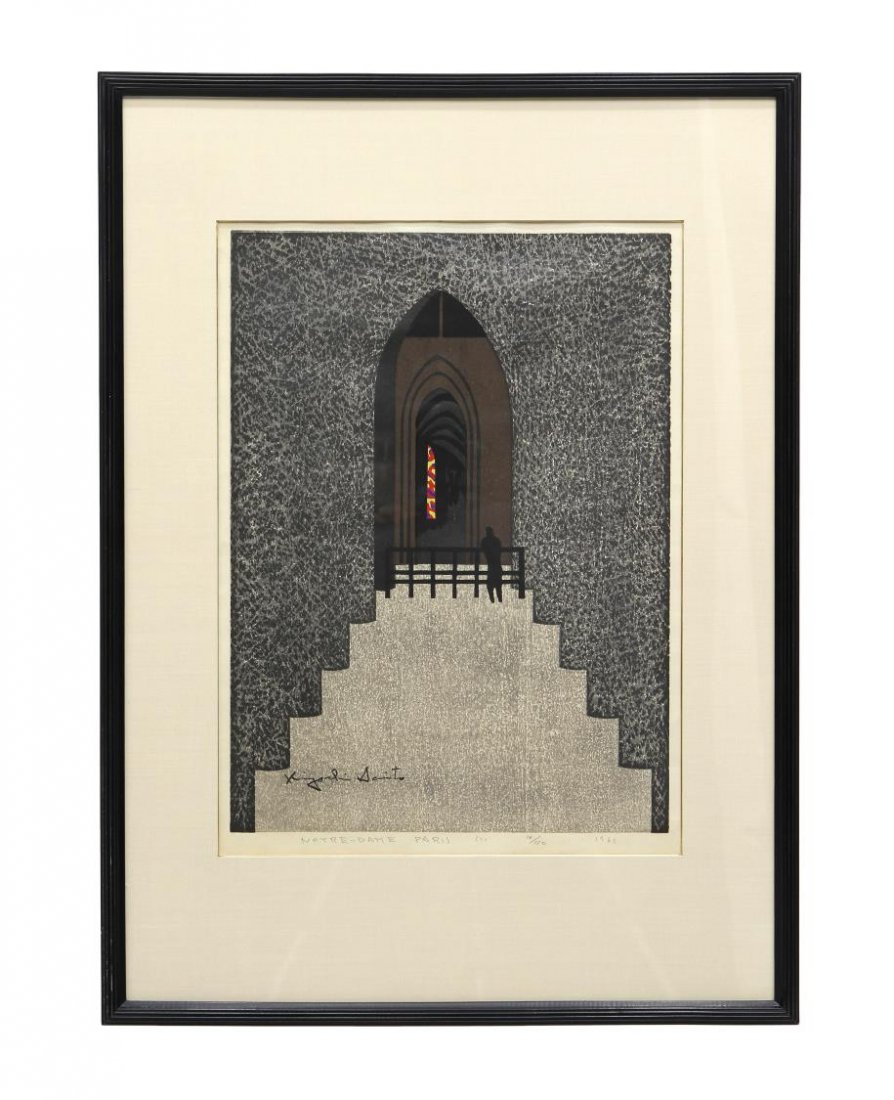 KIYOSHI SAITO (1907-1997), NOTRE-DAME WOODBLOCK: Framed wood block print, "Notre-Dame, Paris", signed lower left Kiyoshi Saito (Japan, 1907-1997), pencil titled, numbered 16 of 150, dated 1962, sight: 22"h, 16.25"w, overall: 33"h, 24.25"w, Start Pri