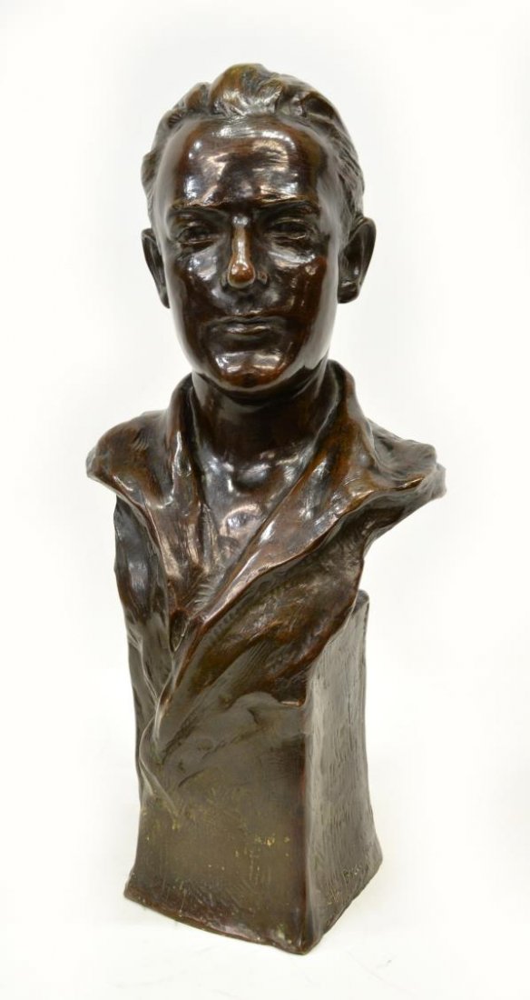 CLIO BRACKEN BRONZE SCULPTURE, BUST OF A MAN: Patinated bronze sculpture, Bust of a Man, signed Clio Bracken (American, 1870-1925), foundry mark 'Gorham Company Founders' (c. 1880's), approx 18"h, 7.5"w, 6"d, 22.25lbs Start Price: $150.00