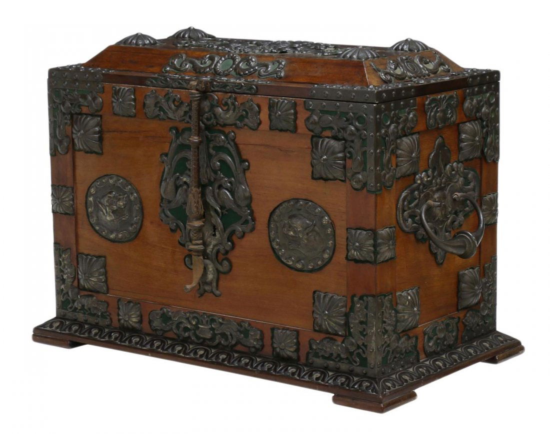 ANTIQUE SPANISH RENAISSANCE REVIVAL TRUNK: Renaissance Revival profusely ornamented trunk or coffer, Northern Spain, the walnut case covered with large pierced metal appliques featuring scrollwork, grotesque creatures, griffins, shields and fr