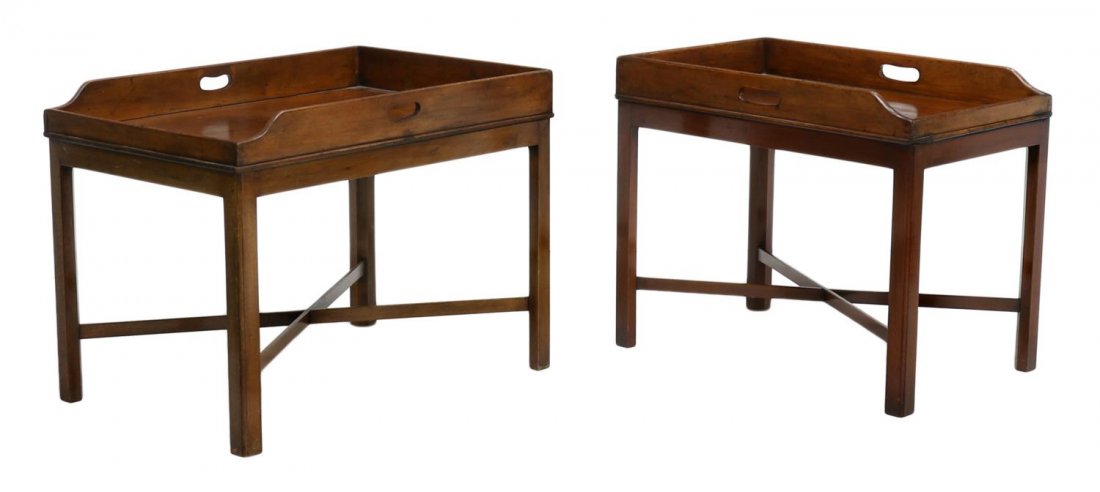 (2) CHINESE CHIPPENDALE AFFIXED TRAY TOP TABLES: (lot of 2) Chinese Chippendale style butler's tray tables, a near pair, each having a fixed tray top with cut out handles and galleried rim, four legs joined by x-form stretchers, (1) 23"h, 18"w, 28.2