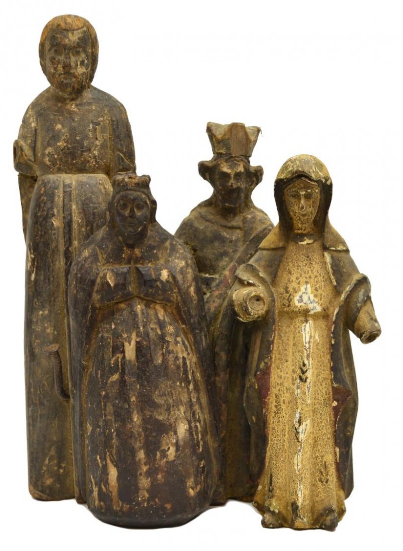 (4) ANTIQUE RELIGIOUS COLONIAL SANTOS FIGURES: (lot of 4) Spanish colonial carved wood religious figures, 19th c., each dressed in robe attire and with remnants of polychrome decor, largest 11.5"h, 2lbs total Start Price: $80.00