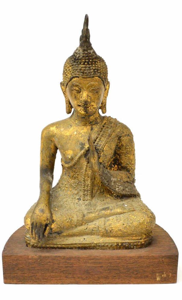THAI GILDED BRONZE BUDDHA SEATED UPON WOOD BASE: Antique Thai gilt bronze sitting Buddha seated on an integral demilune wood plinth base, approx 11.5"h, 7.62"w, 4.5"d, 3.75lbs total Start Price: $100.00