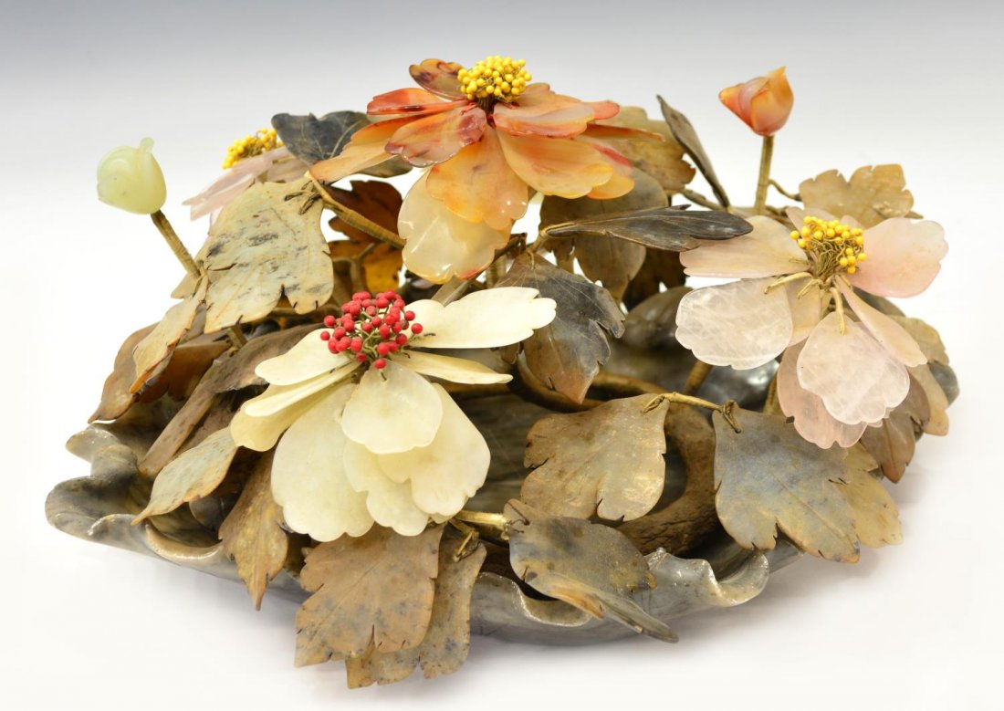 (2) CHINESE HARDSTONE FLORAL BOQUET IN CARVED DISH: (lot of 2) Chinese stone table items, including: (1) hardstone bouquet, with flowering branches of rose quartz, jade, carnelian, etc., approx 7.25"h, 14"w; accompanied by (1) soapstone dish, carved in