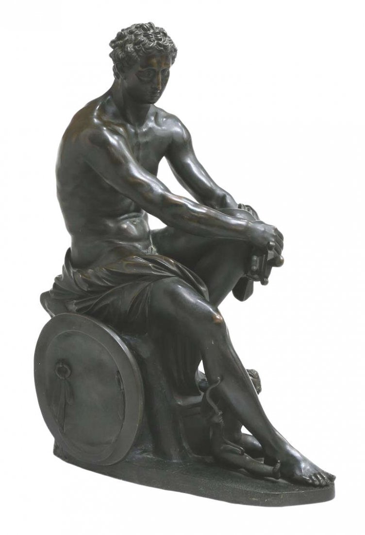 LARGE PATINATED BRONZE, SEATED ARES WITH EROS: Patinated bronze sculpture, Seated Ares with Eros, modeled after a Hellenistic Greek sculpture of the God of War, approx 27.5"h, 12"w, 19"d, 74.25lbs Start Price: $800.00