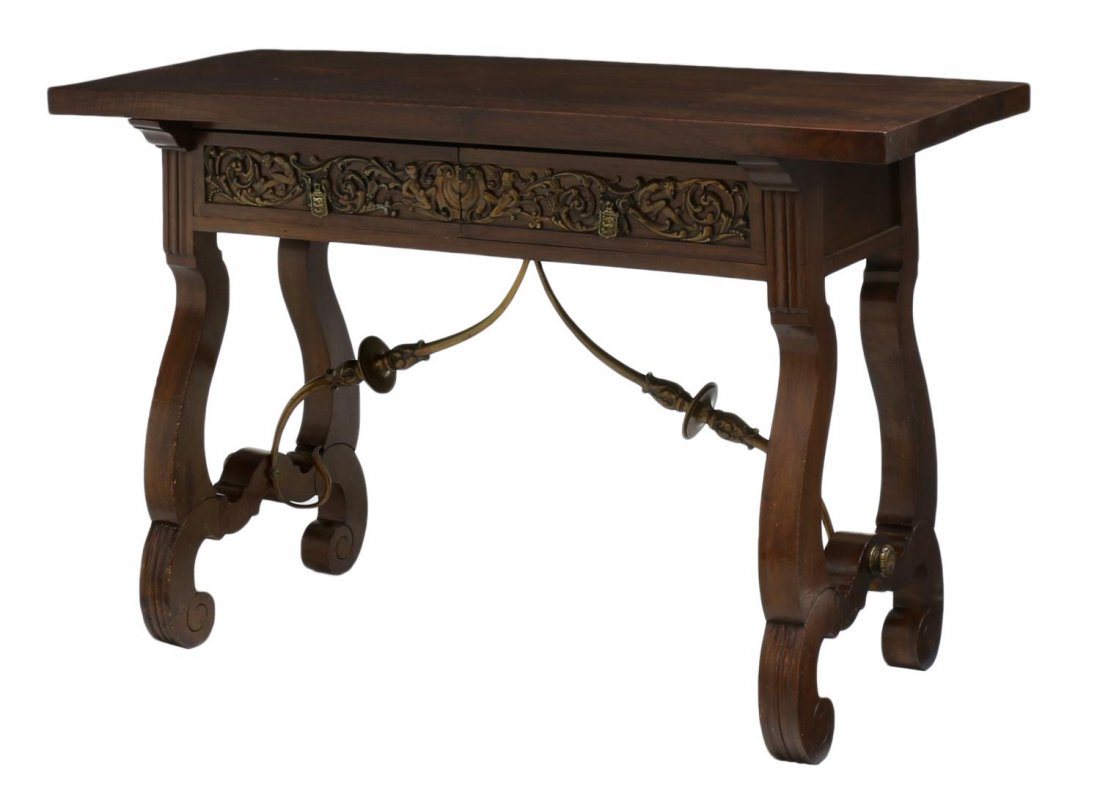 SPANISH BAROQUE STYLE CONSOLE TABLE: Spanish Baroque style console table, c.1900, the rectangular top over two frieze drawers, rising on ox yoke legs joined by scrolled iron stretchers, 32"h, 49.25"l, 19.5"d Start Price: $300.00