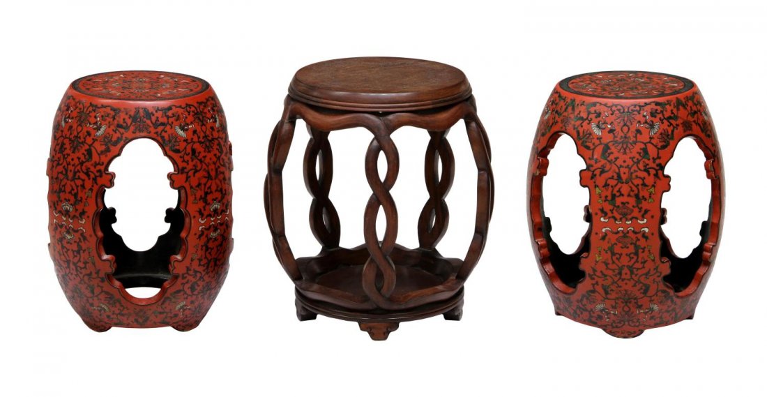 (3)CHINESE RED LACQUER & INLAID WOOD GARDEN STOOLS: (lot of 3) Chinese garden stools: (pair) red lacquer open work stools, each polychrome painted thoroughly with lotus vines, approx 17.25'h, 12"diam; (1) having wire inlaid circular top on woven arched