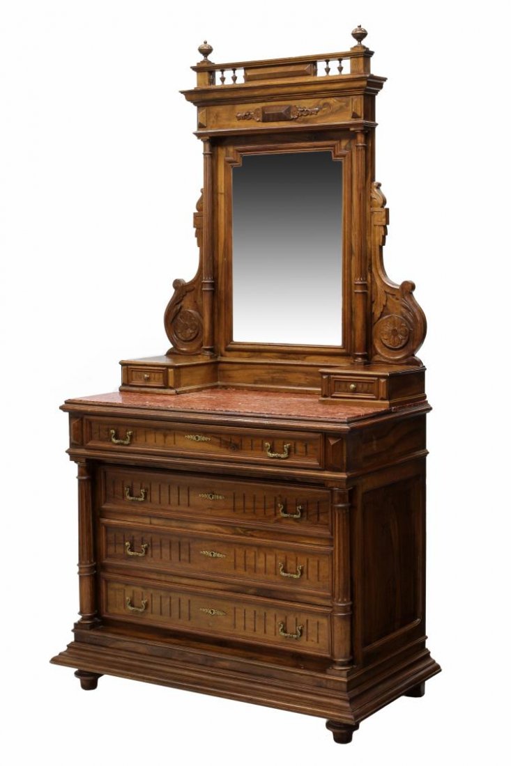 SPANISH MIRRORED MARBLE TOP COMMODE: Spanish walnut commode, 19th c., a central mirror back with spindle supported cornice, flanking columns, two short drawers resting on the inset marble top over a four drawers flanked by columns, a ste