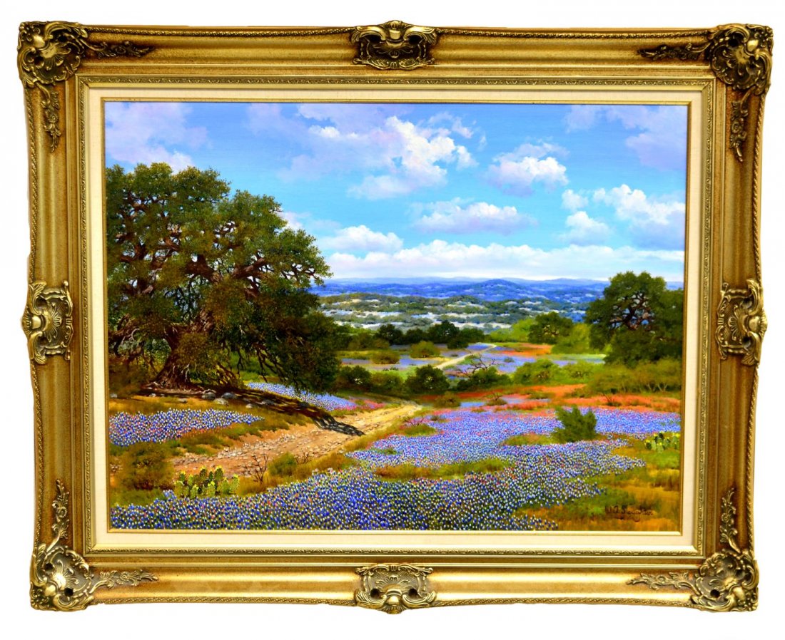 W.A. SLAUGHTER(TEXAS,1923-2003), BLUEBONNETS 30x40: Framed oil painting on canvas, Bluebonnets, Live Oaks, and Texas Hill Country, sighed lower right W.A. Slaughter (William A. Slaughter, Texas, 1923-2003), sight: 29.5"h, 39.5"w, overall: 40"h, 49.5"w,
