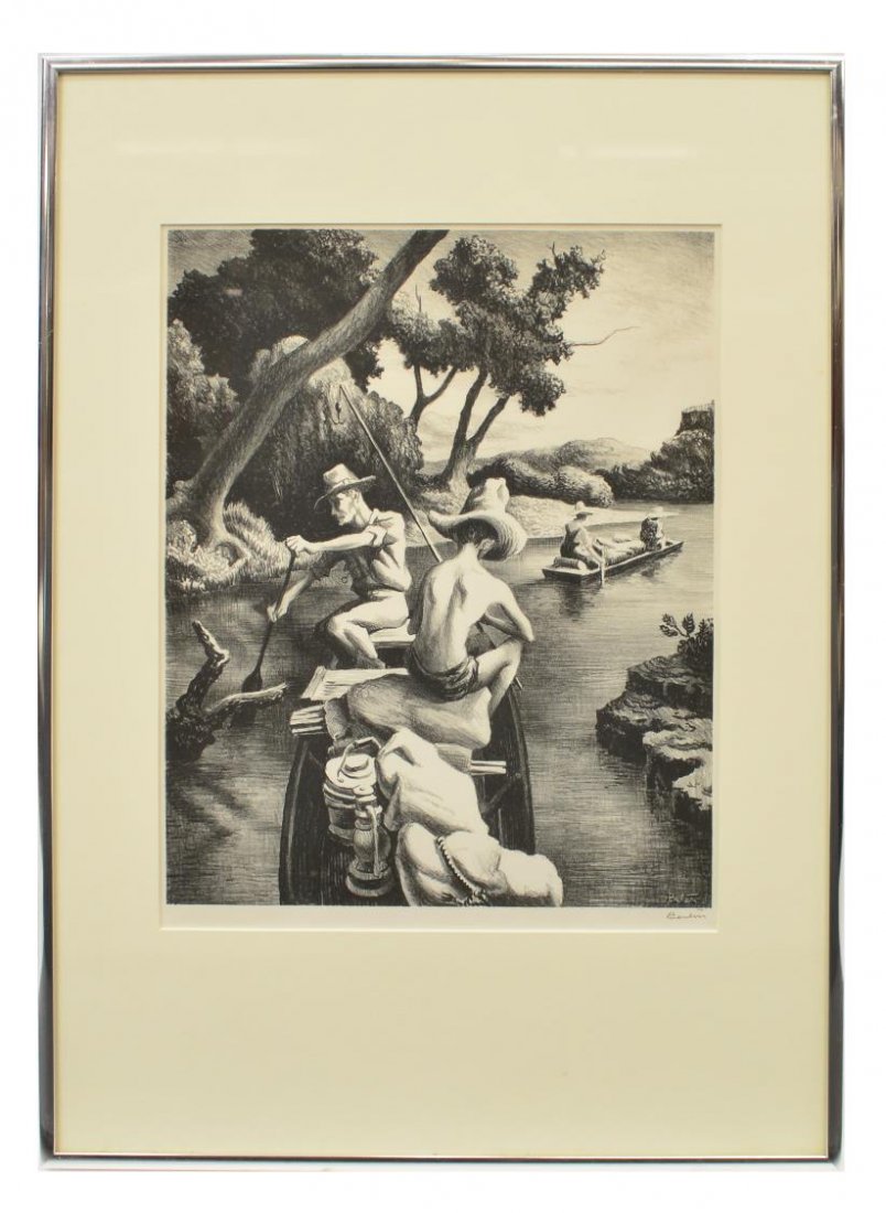 THOMAS HART BENTON, "SIGNED LITHO "DOWN THE RIVER": Framed lithograph, "Down the River", pencil signed lower right Benton (Thomas Hart Benton, Missouri, 1889-1975), sight: 13"h, 10.25"w, overall: 20.75"h, 14.75"w * Provenance: By inheritance within the
