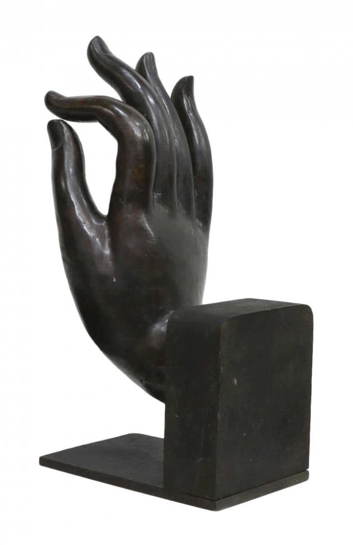 MONUMENTAL THAI BRONZE BUDDHA'S HAND SCULPTURE: Monumental antique Thai patinated bronze sculpture of Buddha's hand holding the Vitarka Mudra gesture, incised details, mounted on a L-shaped wood base, some pitting, approx 20.75"h, 10.75"w, 21.25lbs