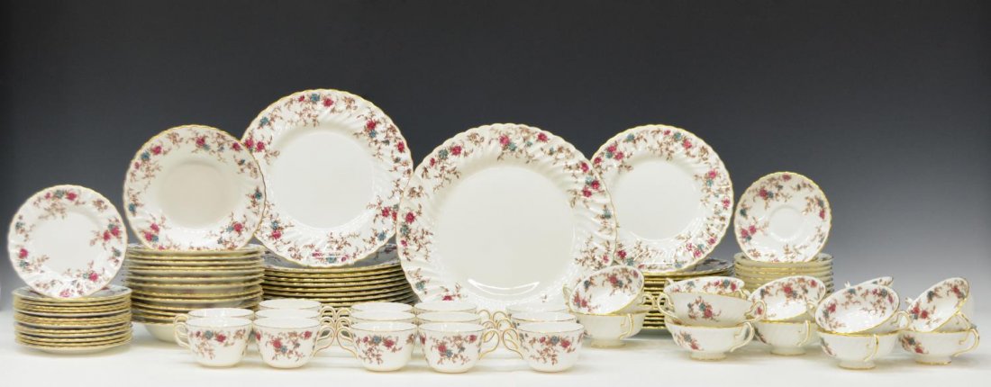 (99) ENGLISH MINTON ANCESTRAL CHINA DINNER SERVICE: (lot of 99) Extensive English Minton bone china dinner service, the 'Ancestral' pattern, brown foliates with teal and pink flowers against a white ground with scallop border and gilt trim, each marked