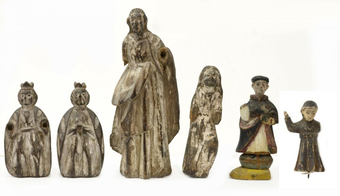 (6) ANTIQUE RELIGIOUS COLONIAL SANTOS FIGURES: (lot of 6) Spanish colonial carved wood religious figures, 19th c., each with remnants of polychrome decor, largest 9.75"h, 1.5lbs total Start Price: $80.00