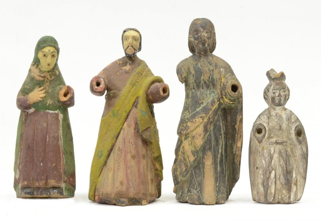 (4) ANTIQUE RELIGIOUS COLONIAL SANTOS FIGURES: (lot of 4) Spanish colonial carved wood religious figures, 19th c., each with remnants of polychrome decor, largest 8"h, 2lbs total Start Price: $80.00