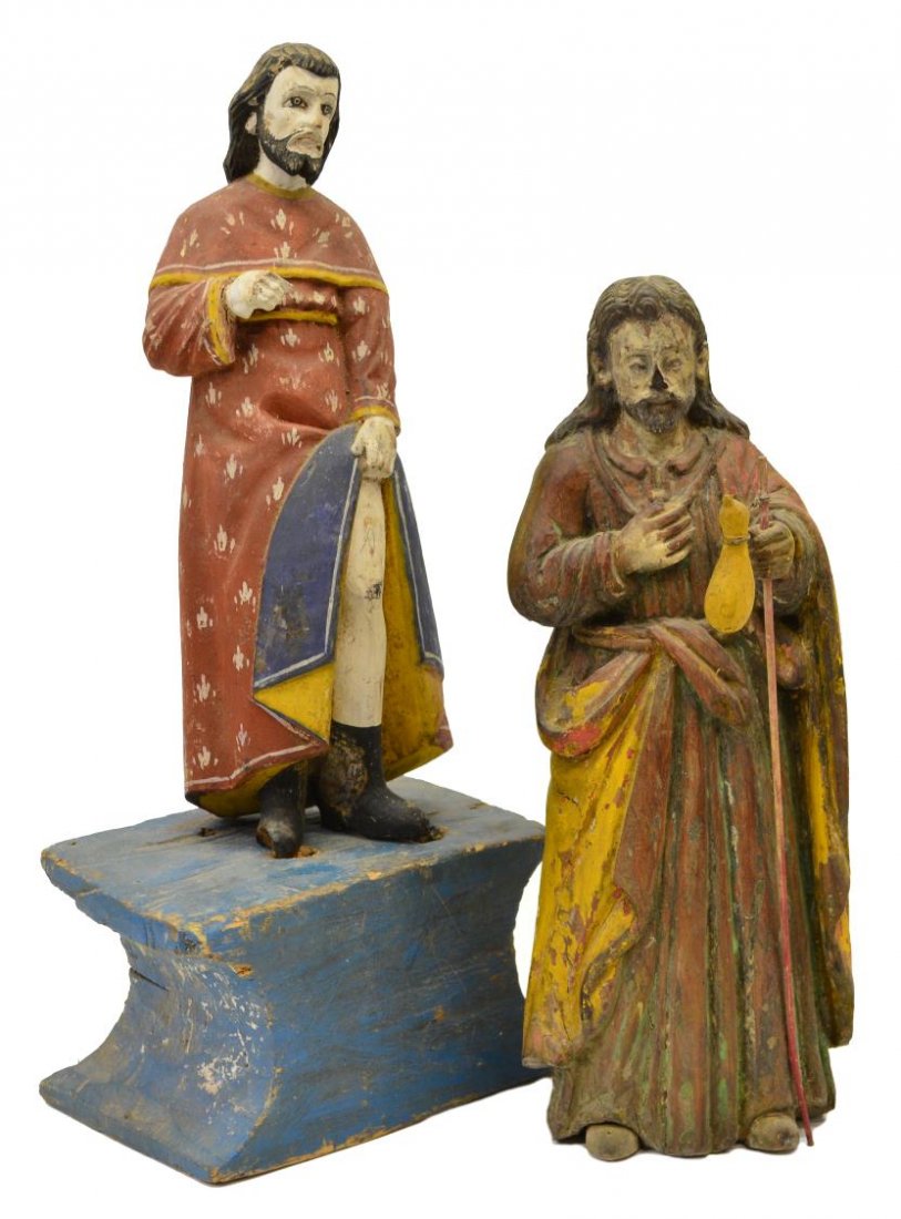 (2) ANTIQUE RELIGIOUS COLONIAL SANTOS FIGURES: (lot of 2) Spanish colonial carved wood religious figures, 19th c., each with polychrome decor, comprising: (1) figure holding staff; (1) figure holding robe revealing leg; accompanied by pedestal; la