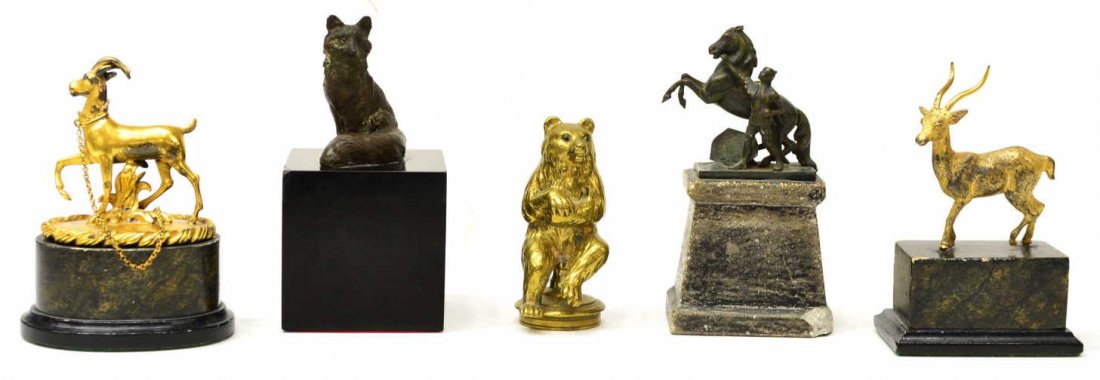 (5) COLLECTION BRONZE & GILT METAL ANIMAL FIGURES: (lot of 5) Collection of animal bronze and gilt metal sculptures, comprising: (1) Horse with Knight, rising on stone base, 5.75"h; (1) Fox with Red Glass Eyes, rising on a black cube base, 5.5"h; (1) 