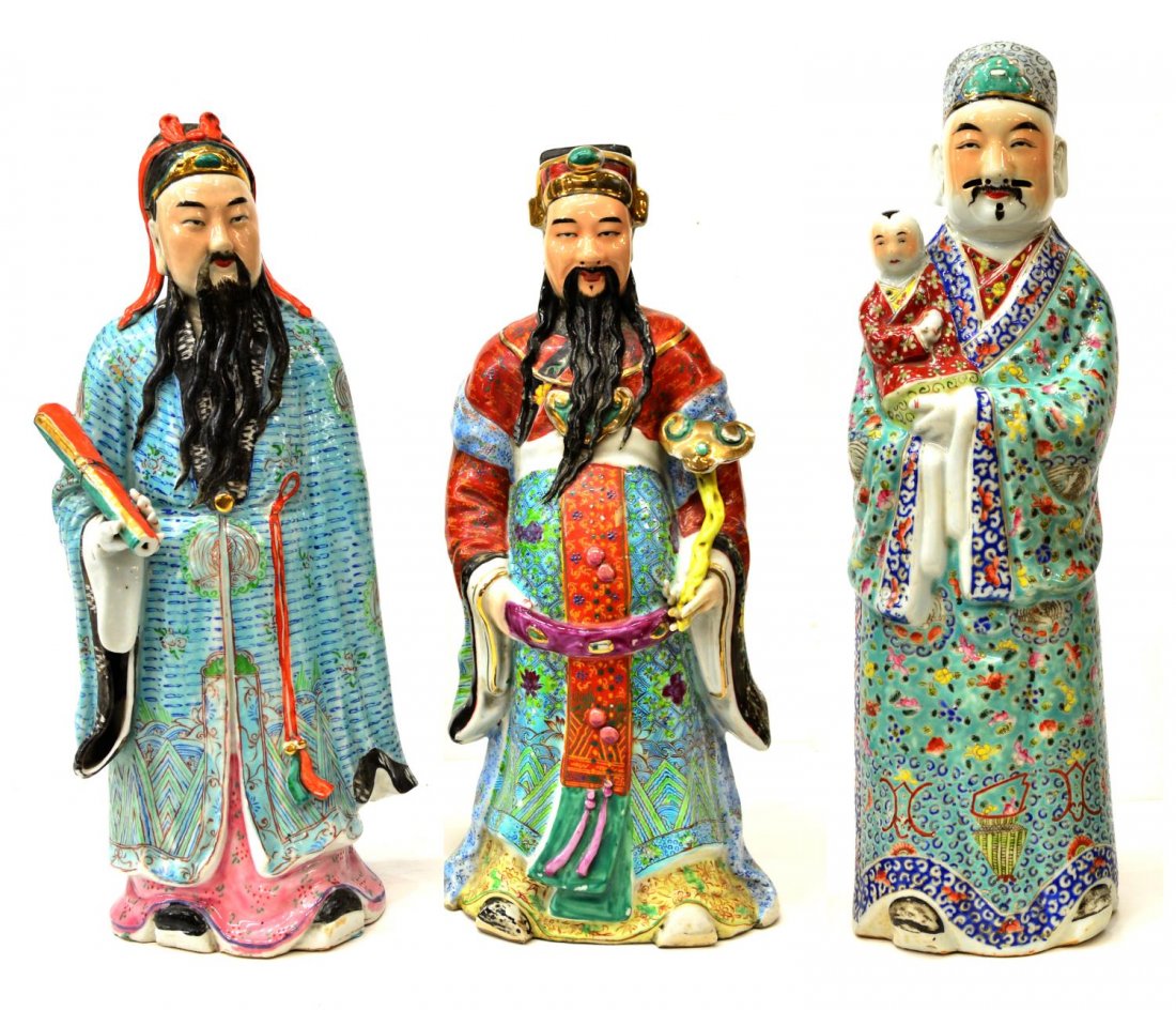 (3) CHINESE ENAMELED CERAMIC STAR GODS: (lot of 3) Assembled Chinese ceramic Fu Lu Shou Star God figural group, comprising: (1) Fu Star God, holding a scroll, mark to base, approx 16.25"h; (1) Lu Star God, holding ruyi scepter, approx 15.5"