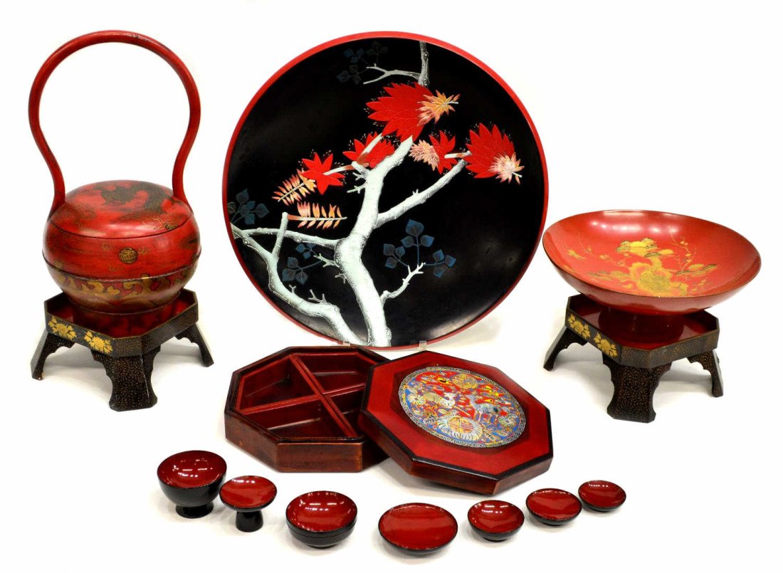 (13) COLLECTION OF ASIAN PARCEL GILT LACQUERWARE: (lot of 13) Collection of Asian lacquerware, comprising: (1) red lacquer mother of pearl inlay octagonal box, central deer design with key fret border, four inserts to interior, unmarked, 8.25"l, 8.25