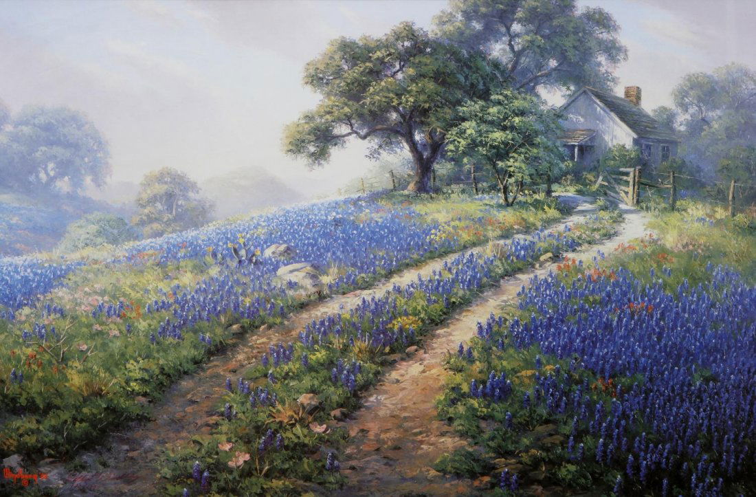 DAHLHART WINDBERG, SIGNED BLUEBONNET PRINT: Framed limited edition print, Bluebonnets at the Farmhouse, signed, dated 1988, lower left Dahlhart Windberg (Texas, b. 1933), #180 of 1000, sight: 19.5"h, 29.5"w, overall: 29.25"h, 39.25"w, Start Pri