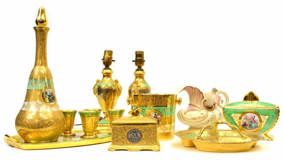 (13) LE MEIUX FIGURAL & 24KT GOLD PORCELAIN GROUP: (lot of 13) Collection of Le Mieux hand painted porcelain and 24kt gold articles, including: (2) small table lamps, each approx 11.5"h; drinks service with (1) decanter, base unmarked, approx 15"h; (4