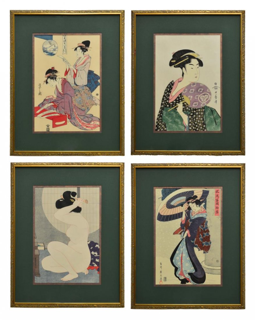(4) FRAMED JAPANESE COLOR PRINTS: (lot of 4) Framed Japanese color prints, after Kitagawa Utamaro (Japanese, 1753-1806), comprising: (1) Two Women Reading; (1) Geisha Walking in Snow; (1) Geisha Holding Fan; (1) Nude Fixing Hair; appr