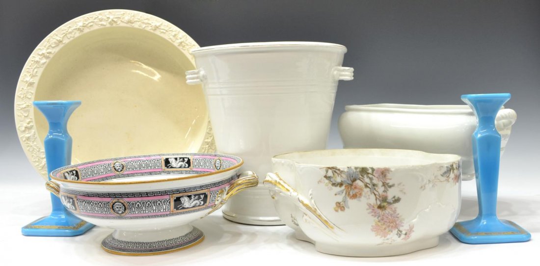 (7) MINTON, HAVILAND & OTHER PORCELAIN TABLE ITEMS: (lot of 7) Collection of porcelain and glass, comprising: (1) Minton bowl, September 1864, border of alternating reserves depicting winged cherubs on horseback and masques, all on a palm ground with p