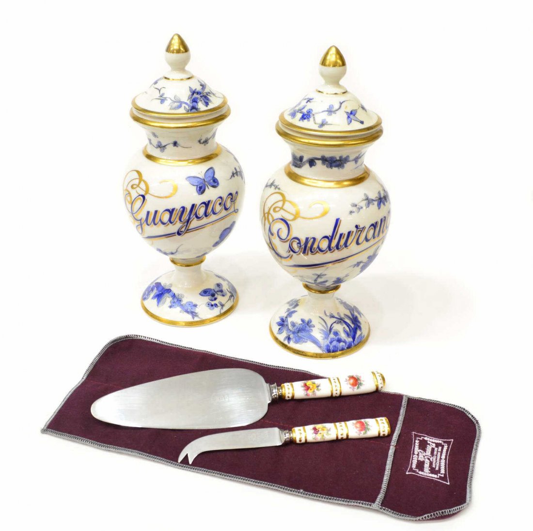 (4) FRENCH APOTHECARY JARS & ENGLISH SERVICE ITEMS: (lot of 4) English and Continental porcelain table articles, comprising: (2) French Vignaud Limoges apothecary jars, blue and white flower and bird decor with gilt accent, one with chip to underside o