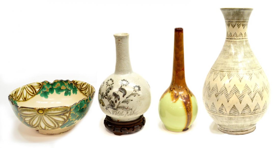 (4) ASIAN ART POTTERY / CERAMIC VASES / VESSELS: (lot of 4) Collection of Asian art pottery / ceramic vessels, mid-century / vintage, comprising: (1) porcelain bottle, crystallized brown glaze against pale light green ground, underglaze blue mark to