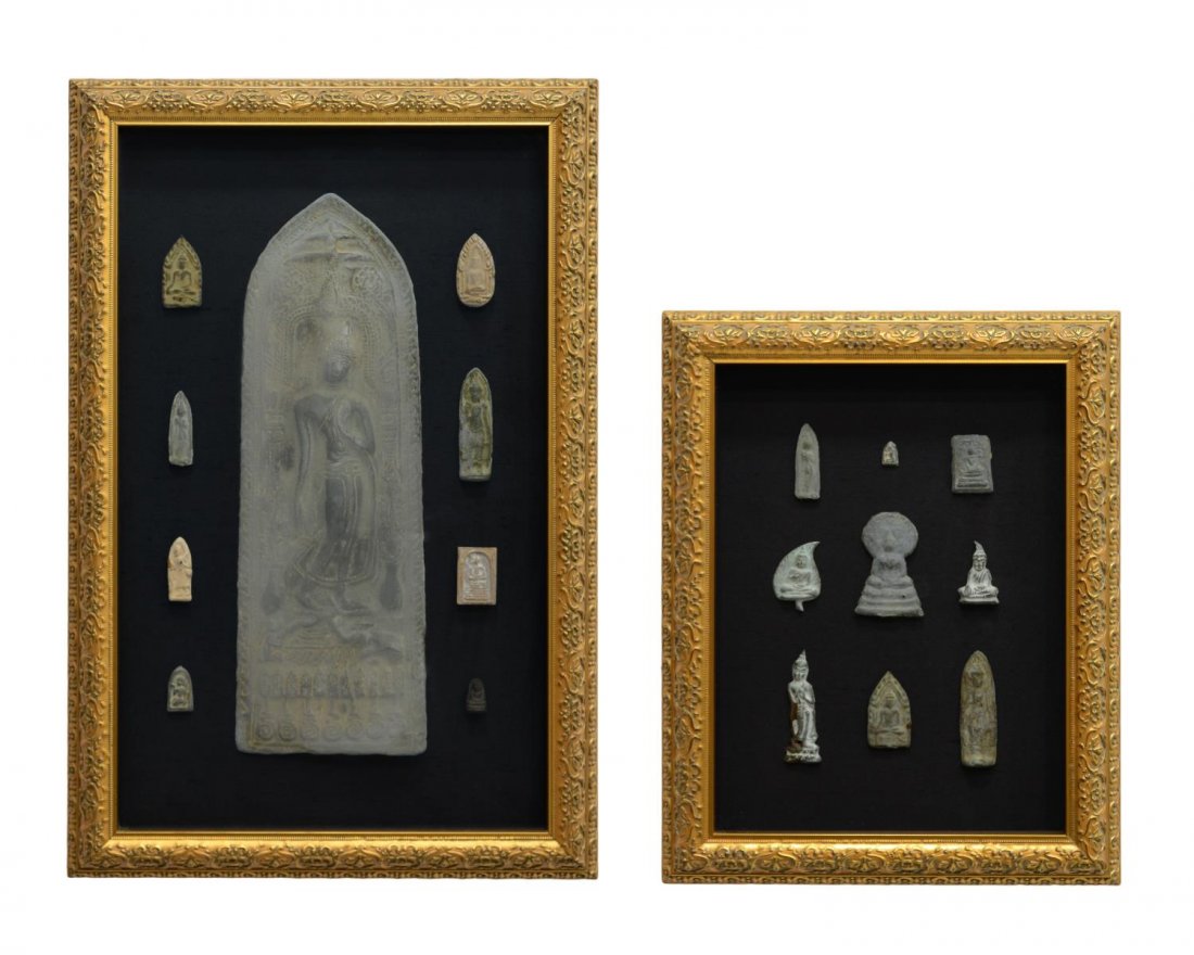 (2) FRAMED THAI POTTERY AMULETS, BUDDHIST DIETY: (2) Framed displays of Thai pottery amulets, each featuring a Buddhist deity, including: (1) displaying nine amulets total, largest: approx 2.75"h, overall: 14.5"h, 11.5"w; (1) displaying eight amulet