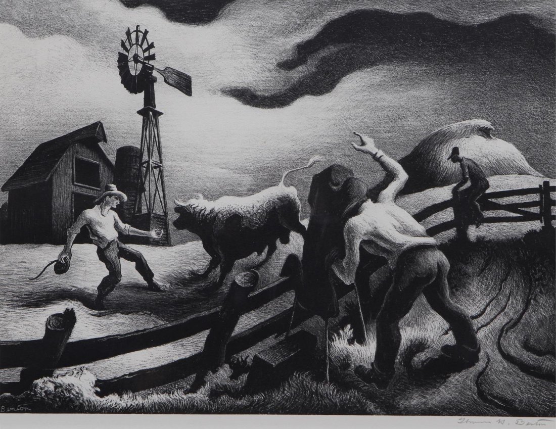 THOMAS HART BENTON,SIGNED "PHOTOGRAPHING THE BULL": Framed lithograph, "Photographing the Bull", pencil signed lower right Thomas H. Benton (Thomas Hart Benton, Missouri, 1889-1975), sight: 16.5"h, 12.75"w, overall: 24"h, 20"wProvenance: By inheritance