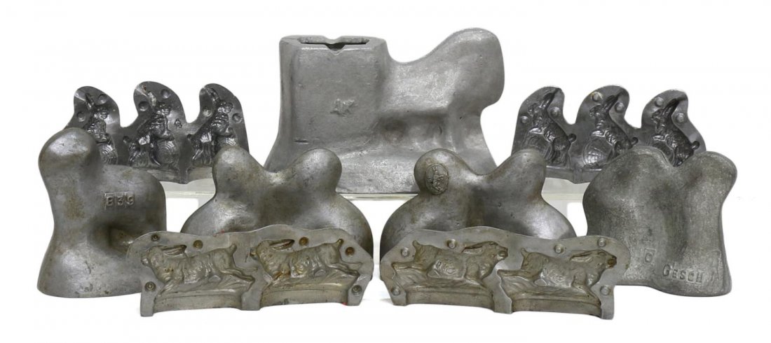 (7) ANTIQUE / VINTAGE ANIMAL CHOCOLATE MOLDS: (lot of 7) Antique / vintage animal chocolate molds, most likely all German, makred Ges Gesch German for patented and mold number, comprising: (2) two rabbits face to face, 864, 4"h, 5.5"w; (1) two up