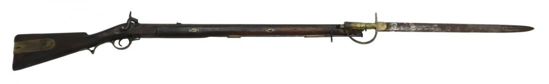 BRUNSWICK NEPAL PERCUSSION RIFLE & BAYONET: Brunswick P-1837 Nepal manufactory muzzle load full stock percussion rifle, .704 caliber, brass decoration including patch box, wood ramrod, two sling swivels, together with (1) brass handle D guard b
